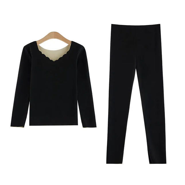 Velvet Long Johns Solid Thermal Underwear Sets Winter Women Clothes Warm Lingerie Long Sleeve Trousers 2 Pieces Thermal Pants
