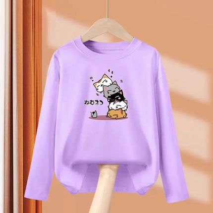 Childrens Spring Autumn T-shirt Human Pyramid Cat Cartoon Shirt Boys Girls Long Sleeved Top Cotton Clothing