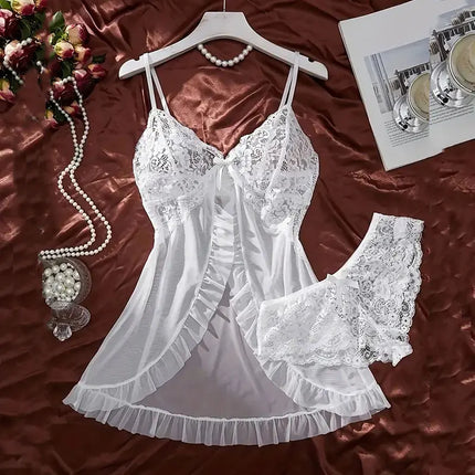 Plus Size Sets Sexy Nightgown Set Transparent Ultra-thin Women Pajamas Lace Brathong Set  Summer Lingerie Hot Mini Night Dress