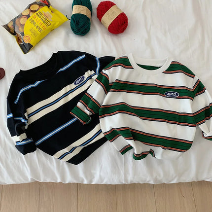 2025 Autumn Children's Clothes Girls Long-Sleeved Base Shirts Cool Boys Striped Cotton T-Shirt Teen Loose Casual 2-7Y Kids Top