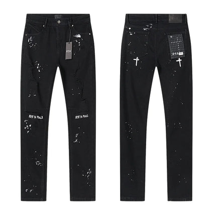RTA Brand Men's Slim Fit Paint Graffiti Damaged Destroyed Hole Skinny Denim long Trouser Jeans Pants Streetwear