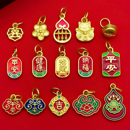 10/15pcs Antique & Sand-Gold Alloy Pendants for Wealth, Prosperity, and Good Fortune. DIY Chinese-style Charms for Bracelets