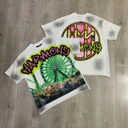 Graffiti Streerwear Washed Letter Shinning Diamond Short Sleeve Mens Tshirts Crew Neck Pure Cotton Baggy Rhinestone Top Tees