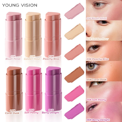 YOUNG VISION 6-Color Matte Heart Blush, Contour Stick, Face Sculpting Mousse Blush, and Lipstick 3-in-1, gift 1pcs makeup brush
