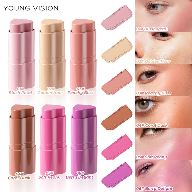 YOUNG VISION 6-Color Matte Heart Blush, Contour Stick, Face Sculpting Mousse Blush, and Lipstick 3-in-1, gift 1pcs makeup brush