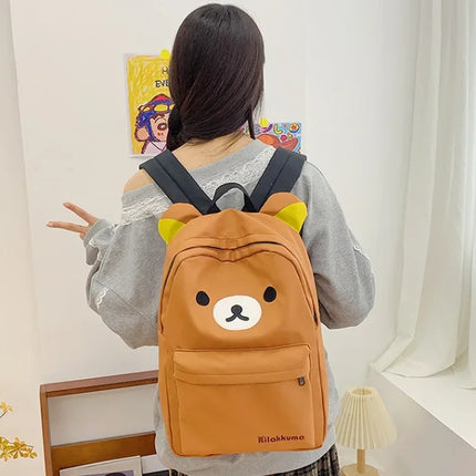 Cartoon Kawaii Rilakkumas Backpack Korilakkuma Embroidery Waterproof Nylon Backbag Large Capacity Girls Boys Student School Bag