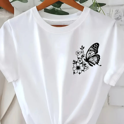 Vibrant Orange with White Butterfly Print T-shirt Girl Cartoon Unisex Tops Short Sleeve Streetwear Women Crew Neck Tees Female