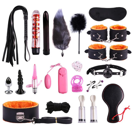 23PCS BDSM Bondage Set Handcuffs Ball Gag Whip Anal Plug Vibrator Egg Sex Toy for Women Men Couples Fetish Slave Role Play Kit