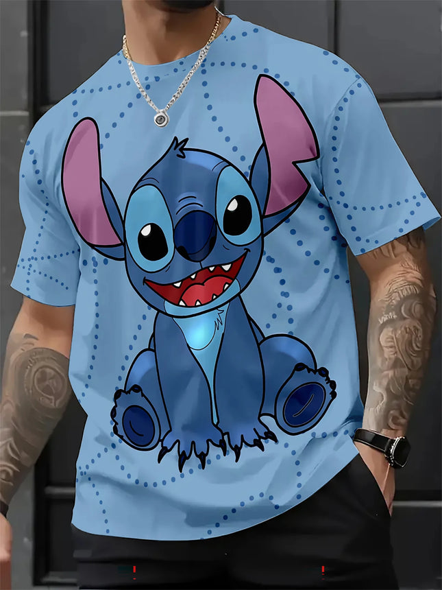 Disney Stitch Big Portrait T-Shirt, Men's Light Blue Polka Dot Casual Short Sleeve Daily Wear Tee