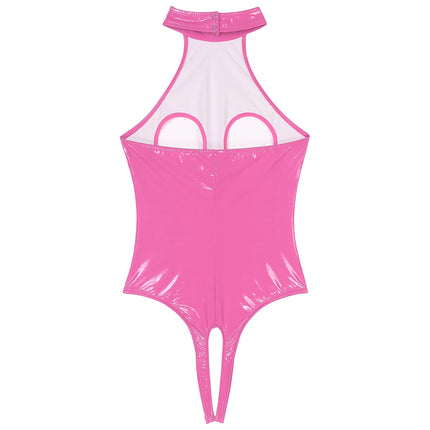 Womens Latex Lingerie Cutout Patent Leather Bodysuit Halter Neck Backless Crotchless Open Cup Teddies Leotard Erotic Clubwear