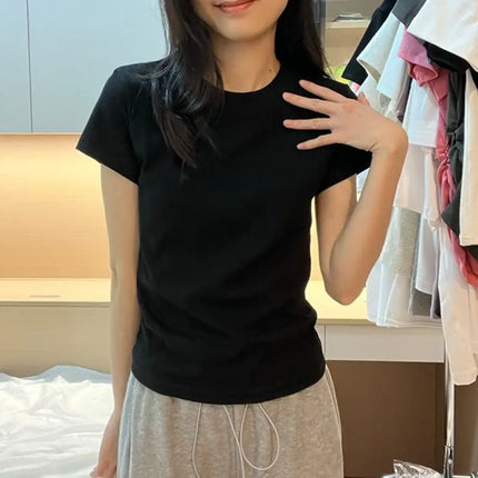 Spring Summer New Short Sleeve T-Shirt Women Solid Simple Casual Soft All-Match Hot Basic Slim Tops Tees Summer Fashion 2025