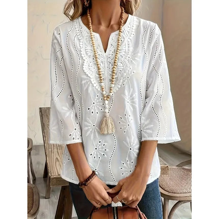Plus Size Women's Summer New Top Solid Sexy V-Neck Hollow Long Sleeve Shirt Fashion Splice Blouse Loose Apparel