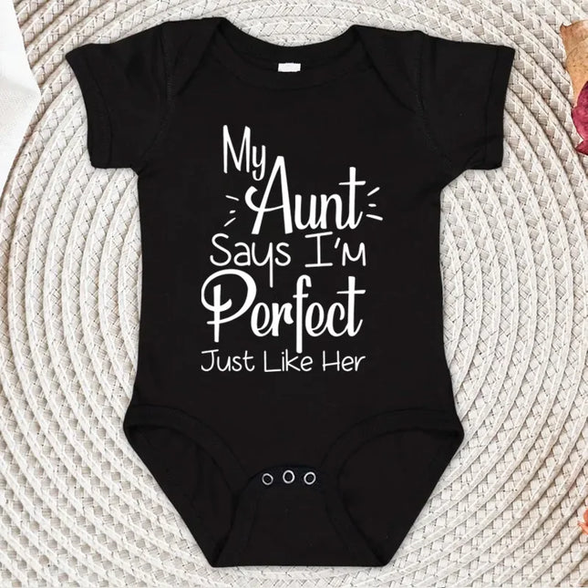 "My Aunt Says I'm Perfect Just Like Her" Funny Letter Printed Newborn Infant Baby Girl Clothes Short Sleeve Jumpsuit Outfits