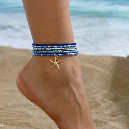 Multilayer Bohemia Rice Bead Anklet Set for Women Fashion Starfish Pendant Anklets Summer Sandy Beach Ankle Chain on Leg Jewelry