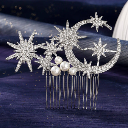 Retro Korean-Style Star and Moon Bridal Hair Comb Classic Pearl Handmade Hair Clip Headpiece For Women Holiday Hair Accessories