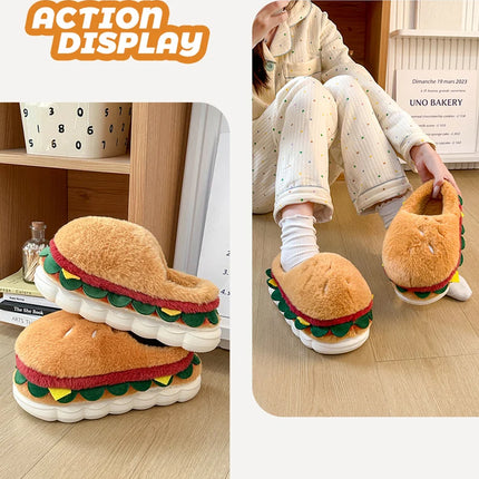 Creative Simulation Hamburger Slippers Women Men Funny Thick Sole Plush Shoes Non-Slip Soft Bottom 3D Cartoon Slides Indoor Home