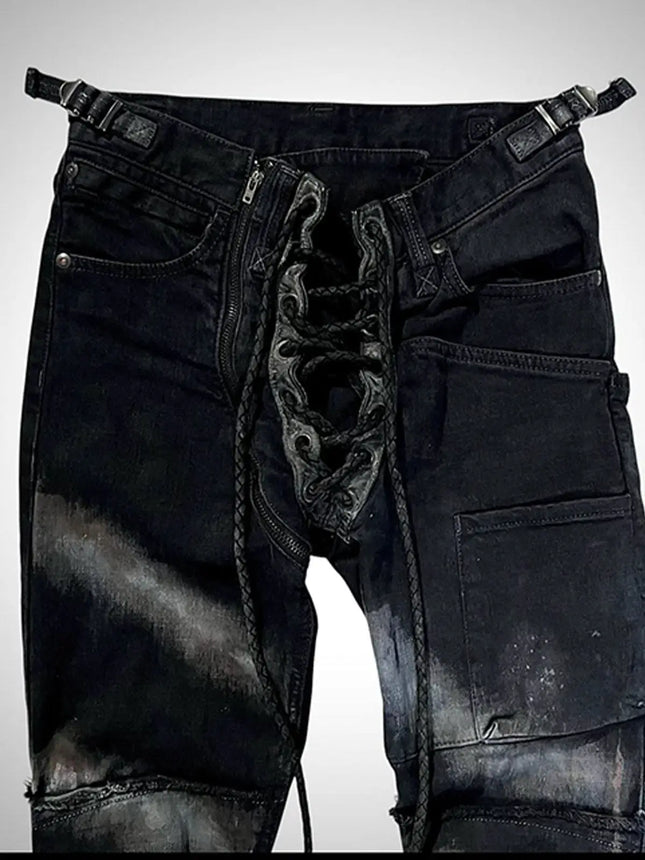 Ifsixwasnine Vision Washed Striped Lace-Up Slim-Fit Pull Jeans