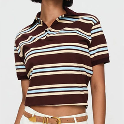 Women Summer Basic T-Shirt Casual Striped Print Lapel Short Sleeve Tops For Streetwear Aesthetic Grunge Clothes Hot Sale S-XL