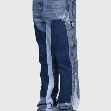 2025 Men's Fashion Jeans Work Pants, European and American Fashion Workwear Elastic Patchwork Denim Layered Flared Pants S-XXL