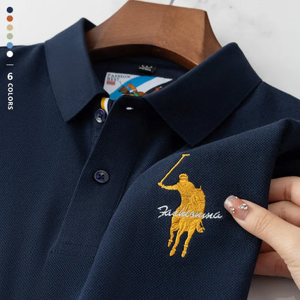 Luxury Embroidery Men's Polo Shirt Summer Thin Breathable 100% Cotton Black Navy Blue Lapel Short-Sleeved Tops Brand Clothing
