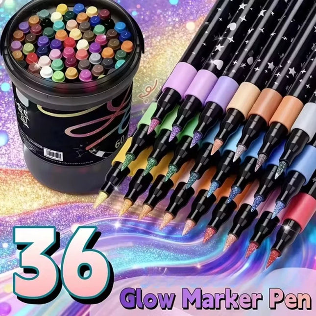 24/36PCS/Bucket Colors Dual Brush Tip Glitter Art Markers Metallic Paint Marker Pens DIY Crafts Birthday Cards Album Marker Toys