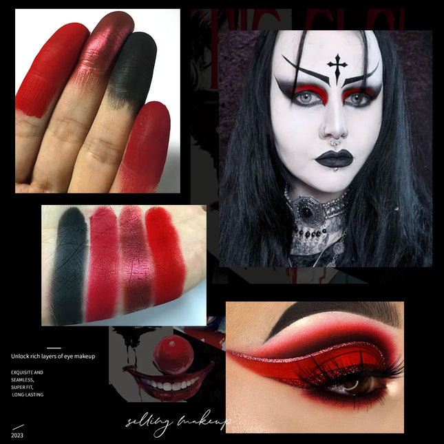 Dark Black Red Eyeshadow Palette Goth Clown Halloween Makeup, White Silver Glitter Eyeshadow Makeup Pallete