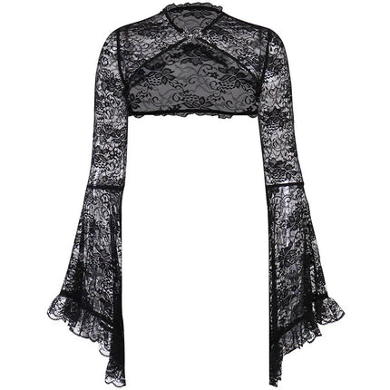 Women's Hollow Out Crop Tops Chic Gothic Lace Smock Tops False Collar Ladies Flare Sleeves Cover-Ups for Dating Party