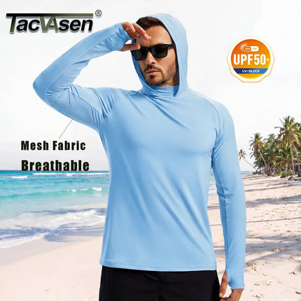 TACVASEN Men's UPF 50+ Hoodie Fishing Shirts Long Sleeve High Collar Mesh UV Sun Protection Rash Guard Swim Beach Running Hiking