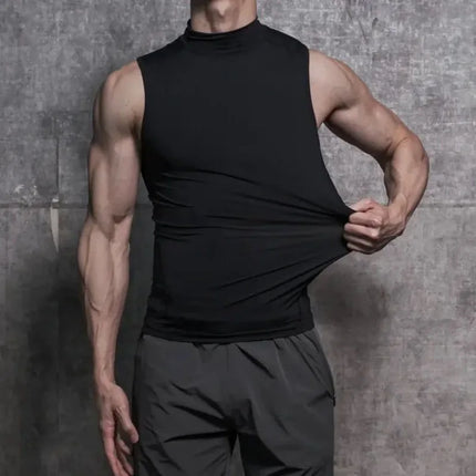 Men's Sleeveless Turtleneck Compression Shirt Man Quick Dry Workout Fitness Gym Tank Top Base Layer Bodybuilding Running Vest