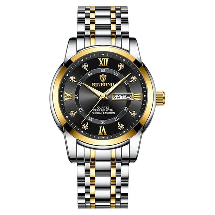 BINBOND Luxury Men Quartz Watch Waterproof Date Week Luminous Wristwatch Stainless Steel Men's Watches Male Clock Sports Reloj