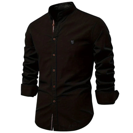 New Trendy Cotton-Linen Men's Business Shirt, Fashionable Solid Color Long-Sleeved Top.