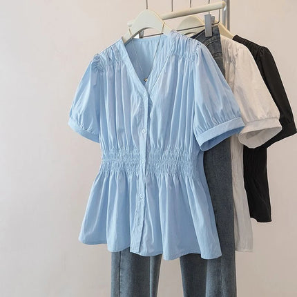 200 Pounds Plus Size Elastic Waist Office Lady Trend Shirt And Blouse Short Sleeve Solid Top  Women Clothing V-neck French Chic