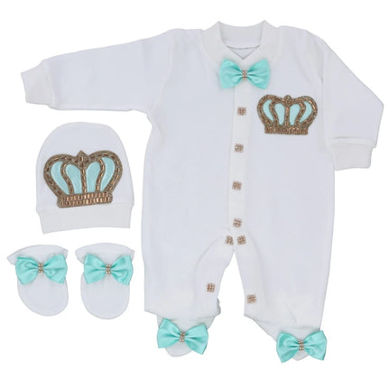 Original UK Prince Take Me Home Outfit Baby Crown Jewels set Baptism Bling Outfit Rubybelleb Light Blue 3pcs Layette Swaddle Set