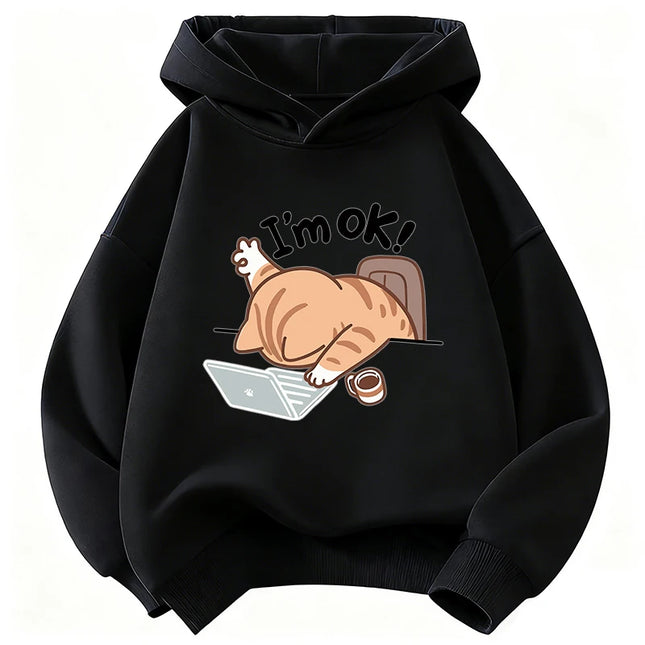 I Am Ok Computer Cat Design Hooded Kids Children's Sweatshirt Cute Hoody for Boys Girls Sping Kawaii Casual Hoodies