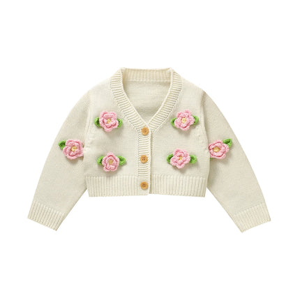 1-3Y Baby Girls Sweaters Cardigans Cute Floral Knit Toddler Kids White Jackets Tops 1-3Y Long Sleeve Button Up Infant Chid Coats