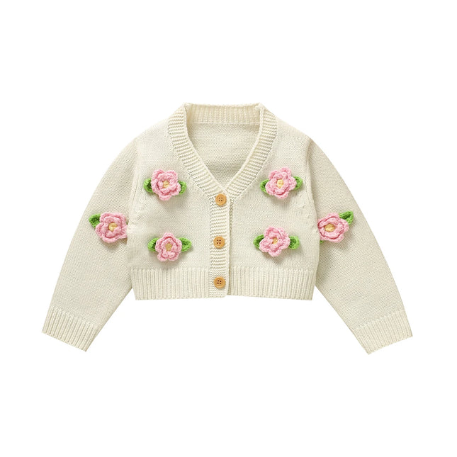 1-3Y Baby Girls Sweaters Cardigans Cute Floral Knit Toddler Kids White Jackets Tops 1-3Y Long Sleeve Button Up Infant Chid Coats
