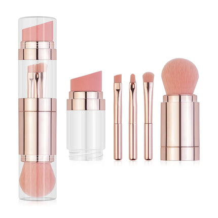 5-in-1 Detachable Travel Makeup Brush Set, Powder Eyeshadow Blush Brush with Vegan Synthetic Bristles, Multi-Functional Beauty