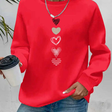 Women's Casual Heart Print Pullover Sweatshirt Geometric Design Long Sleeve Round Neck Machine Washable Regular Fit for Autum