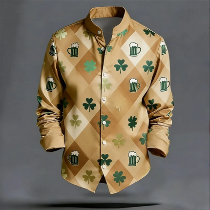 Men's long sleeved shirt with lucky grass pattern, fashionable trend, loose top, street outdoor, casual and comfortable