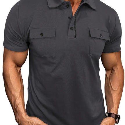 Summer Men's Short-Sleeve Polo Shirt Casual Solid Color Turn-Down Collar T-Shirt Pullover Top Henley Shirt with Pockets