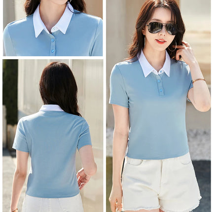Summer New Cotton Polo Shirt Solid Color Polo Neck Short Sleeve High Waist Short Style Slim Fit Fashion Casual Women's Shirt