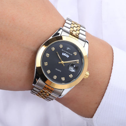 Men's quartz wristwatch with color blocked metal strap, diamond inlaid dial, dual calendar display design, light luxury texture,