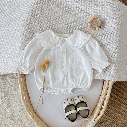 2025 Autumn New Spring and Autumn Baby Ha Yi New Clothing White polka dot doll collar design Pure cotton cute and cute baby jump