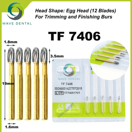 WAVE Dental Burs Tungsten Carbide Burs Gold Plated Trimming and Finishing 12 Bladed TF Series For High Speed Handpiece 5pcs/Pack