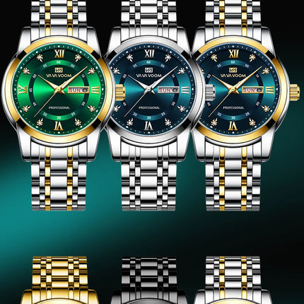 VA VA VOOM Luxury Watch Men Gold Blue Rhinestone Stainless Steel Business Style Original Quartz Movement Week Couple Men Watches