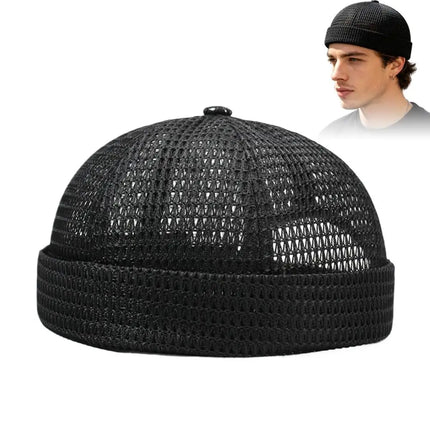 Summer Mesh Brimless Docker Cap Breathable Grid Beanie Adjustable Retro Landlord Hat Hip Hop Street Style Unisex Daily Outdoor