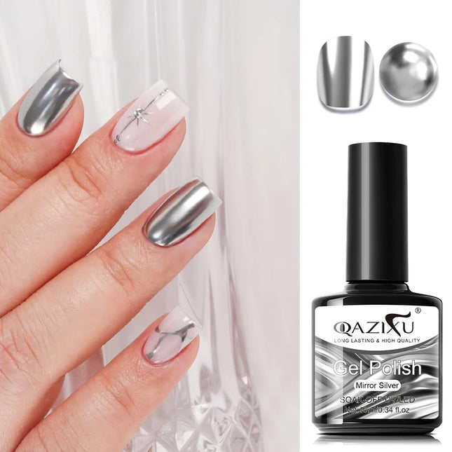 QAZIXU Metallic Silver Gel Nail Polish Painting Gel Polish Mirror Metal Effect UV LED Soak Off Semi Permanent Nail Art