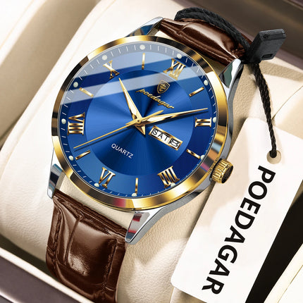 POEDAGAR Classic Luxury Men's Wristwatch Date Week Leather Business Man Watch Waterproof Luminous Fashion Quartz Watches For Men
