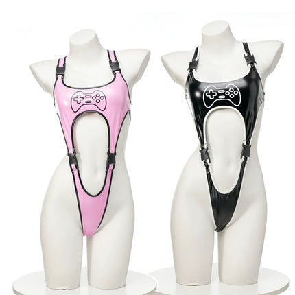Anime Cartoon Game Controller PU Leather Bodysuit Cosplay Women Cyberpunk Sexy lingerie Shiny Club Wear Outfit