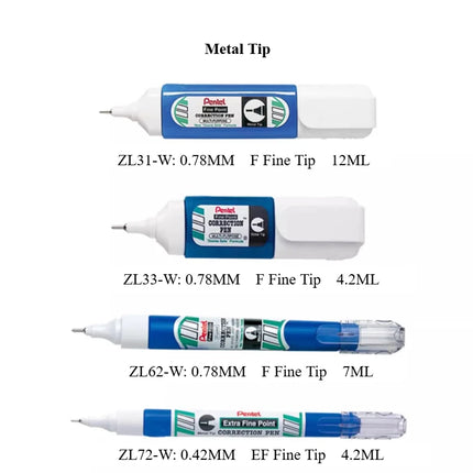 PENTEL Correction Fluid ZL31/33/62/72 Correction Pen Fine Point Quick Drying Fast Clean and Easy To Use School Supplies